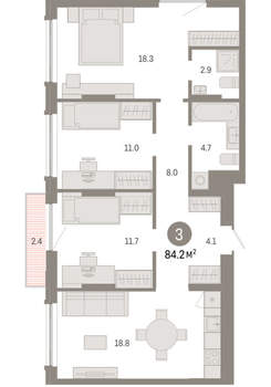 3-к квартира, вторичка, 84м2, 7/8 этаж