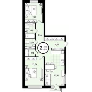 2-к квартира, вторичка, 69м2, 2/4 этаж