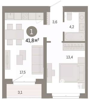 1-к квартира, вторичка, 42м2, 3/11 этаж