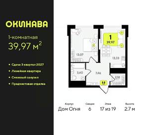 1-к квартира, вторичка, 40м2, 17/19 этаж