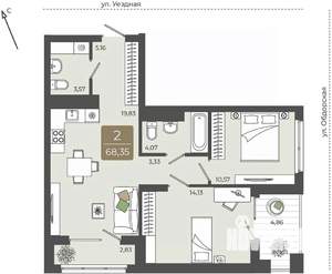 2-к квартира, вторичка, 68м2, 6/15 этаж