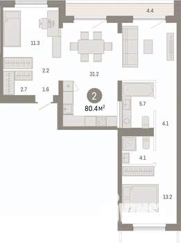 2-к квартира, вторичка, 80м2, 7/7 этаж