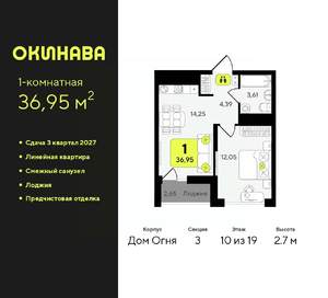 1-к квартира, вторичка, 37м2, 10/19 этаж