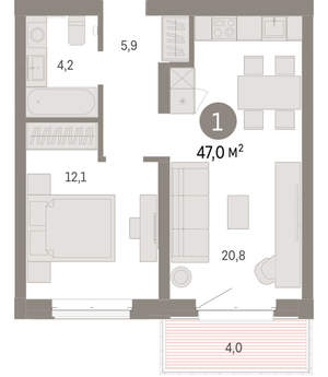1-к квартира, вторичка, 47м2, 4/11 этаж