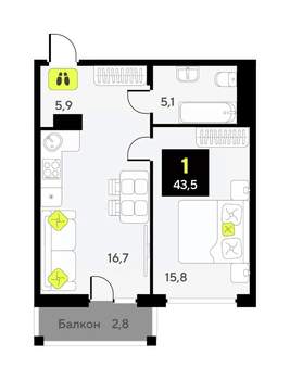 1-к квартира, вторичка, 44м2, 2/9 этаж