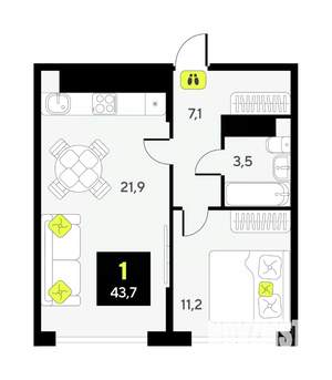 1-к квартира, вторичка, 44м2, 2/9 этаж