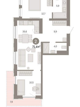 2-к квартира, вторичка, 71м2, 8/25 этаж