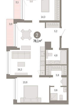 2-к квартира, вторичка, 78м2, 3/8 этаж