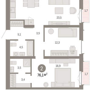 2-к квартира, вторичка, 76м2, 5/16 этаж