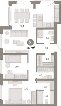2-к квартира, вторичка, 87м2, 9/11 этаж