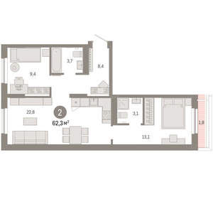 2-к квартира, вторичка, 62м2, 9/17 этаж