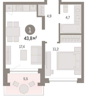 1-к квартира, вторичка, 44м2, 2/8 этаж