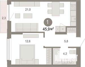 1-к квартира, вторичка, 46м2, 4/17 этаж