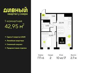 1-к квартира, вторичка, 43м2, 10/17 этаж