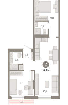 2-к квартира, вторичка, 63м2, 4/17 этаж