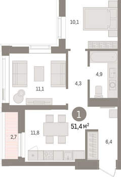 1-к квартира, вторичка, 51м2, 21/25 этаж