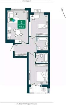 2-к квартира, вторичка, 63м2, 7/9 этаж