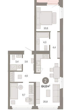 2-к квартира, вторичка, 65м2, 3/25 этаж