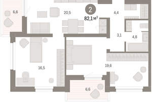 2-к квартира, вторичка, 82м2, 6/16 этаж