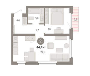 1-к квартира, вторичка, 44м2, 3/16 этаж