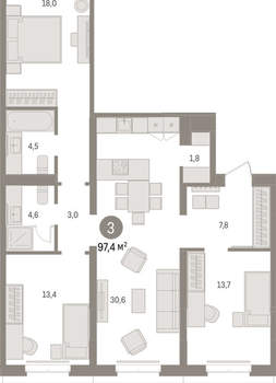 3-к квартира, вторичка, 97м2, 2/16 этаж