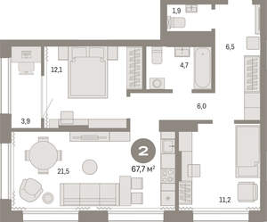 2-к квартира, вторичка, 68м2, 7/17 этаж