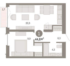 1-к квартира, вторичка, 45м2, 4/16 этаж
