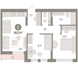 2-к квартира, вторичка, 60м2, 9/17 этаж