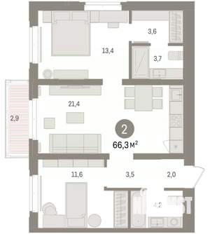 2-к квартира, вторичка, 66м2, 5/16 этаж