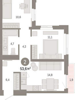 2-к квартира, вторичка, 54м2, 12/25 этаж