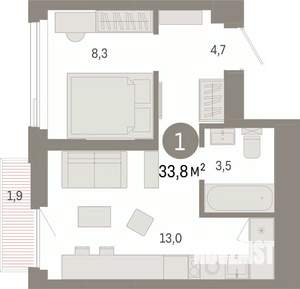 1-к квартира, вторичка, 34м2, 19/25 этаж