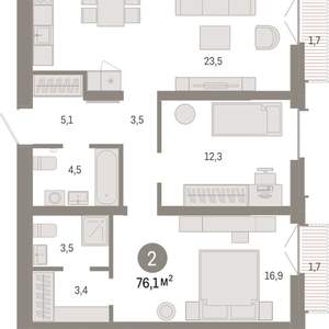 2-к квартира, вторичка, 76м2, 9/16 этаж