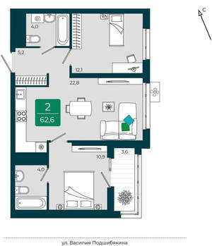 2-к квартира, вторичка, 63м2, 7/16 этаж