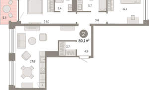 2-к квартира, вторичка, 80м2, 4/8 этаж