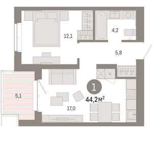 1-к квартира, вторичка, 44м2, 4/11 этаж