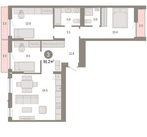 3-к квартира, вторичка, 91м2, 3/8 этаж