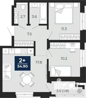 2-к квартира, сданный дом, 57м2, 1/14 этаж
