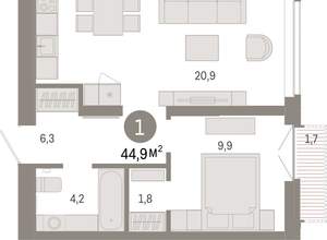 1-к квартира, вторичка, 45м2, 7/16 этаж