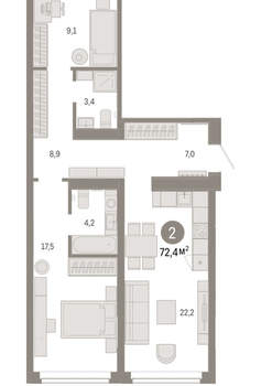 2-к квартира, вторичка, 72м2, 2/16 этаж