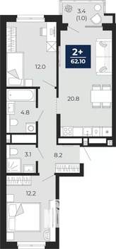 2-к квартира, вторичка, 62м2, 12/16 этаж
