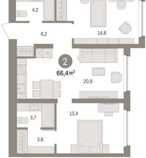 2-к квартира, вторичка, 66м2, 4/16 этаж