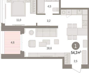 1-к квартира, вторичка, 54м2, 12/16 этаж