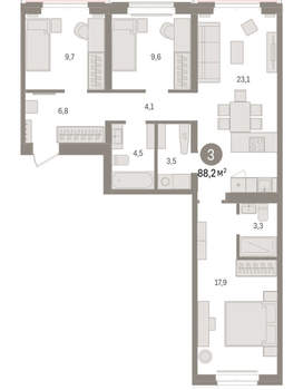 3-к квартира, вторичка, 88м2, 4/16 этаж