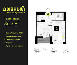 1-к квартира, вторичка, 36м2, 7/9 этаж