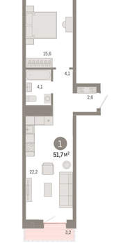 1-к квартира, вторичка, 52м2, 6/8 этаж