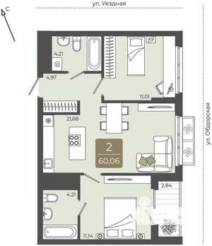 2-к квартира, вторичка, 60м2, 5/15 этаж