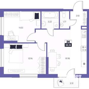 2-к квартира, строящийся дом, 55м2, 8/24 этаж
