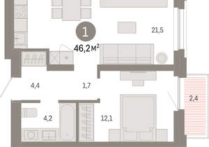 1-к квартира, вторичка, 46м2, 7/16 этаж