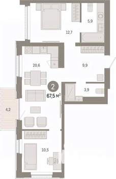 2-к квартира, вторичка, 68м2, 22/25 этаж