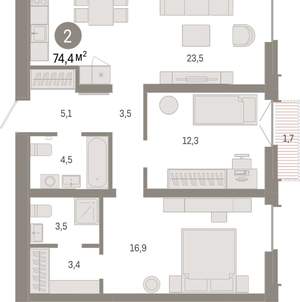 2-к квартира, вторичка, 74м2, 10/16 этаж
